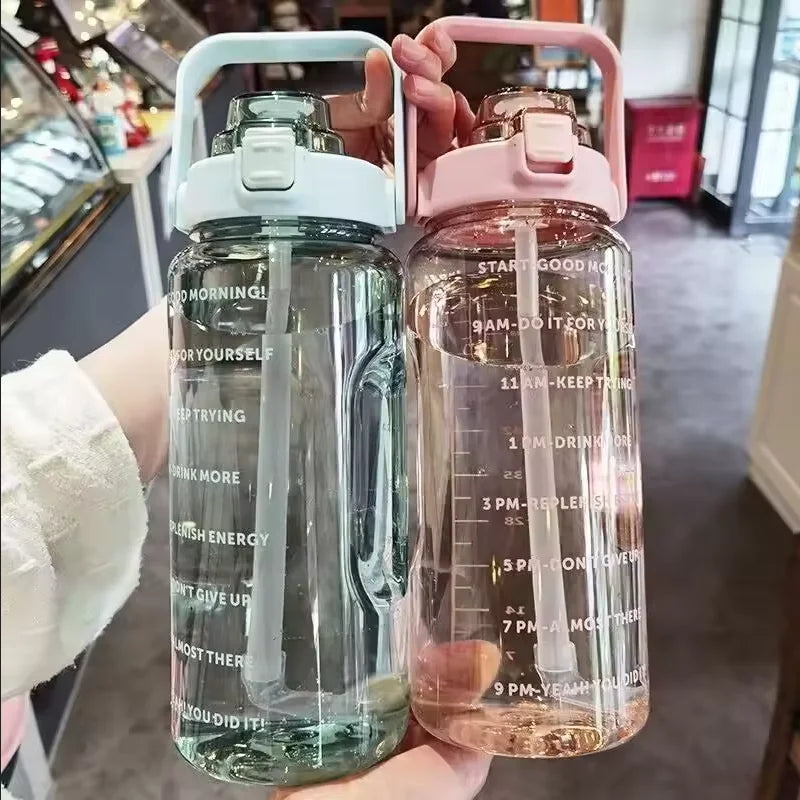 2 Liters Straw Plastic Water Bottle Large Portable Travel Bottle Sports Fitness Cup High Value Big Fat Cup Adult Universal