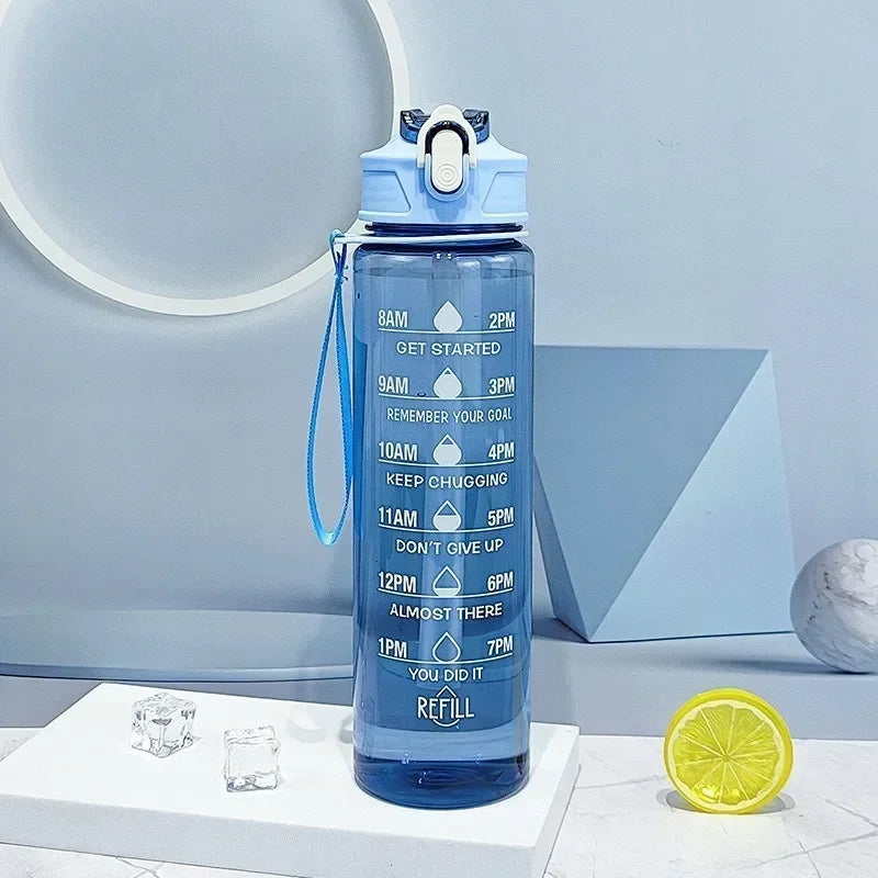 800ml/27oz Large Capacity Sports Water Bottle Leak Proof Plastic Drinking Cup With Time Scale Suitable For Travel Fitness Sports