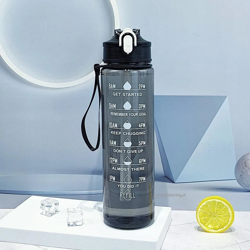 800ml/27oz Large Capacity Sports Water Bottle Leak Proof Plastic Drinking Cup With Time Scale Suitable For Travel Fitness Sports