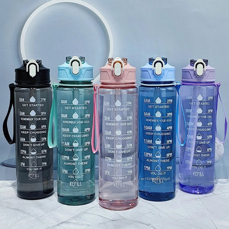 800ml/27oz Large Capacity Sports Water Bottle Leak Proof Plastic Drinking Cup With Time Scale Suitable For Travel Fitness Sports