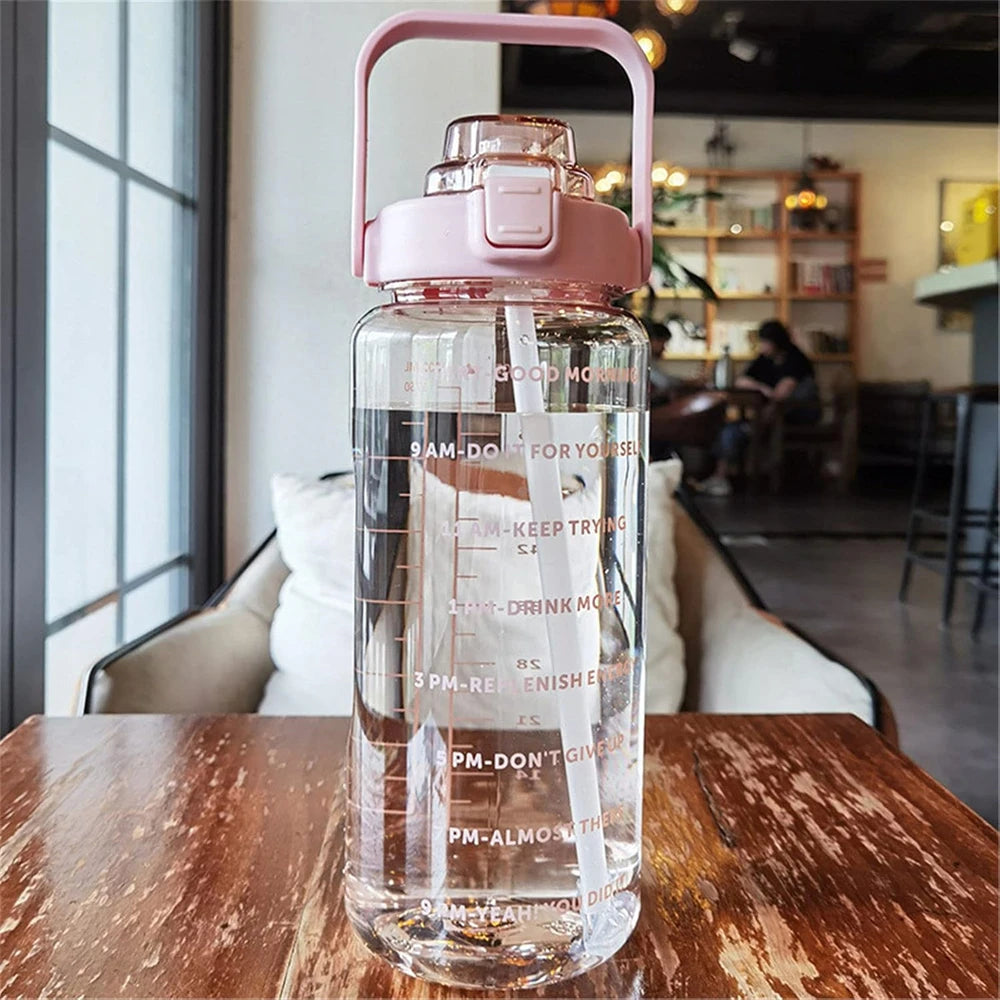 1pc Portable 2L Water Bottle Large Capacity Plastic Straw Water Cup Drink Bottle With Time Marker For Outdoor Sports Fitness