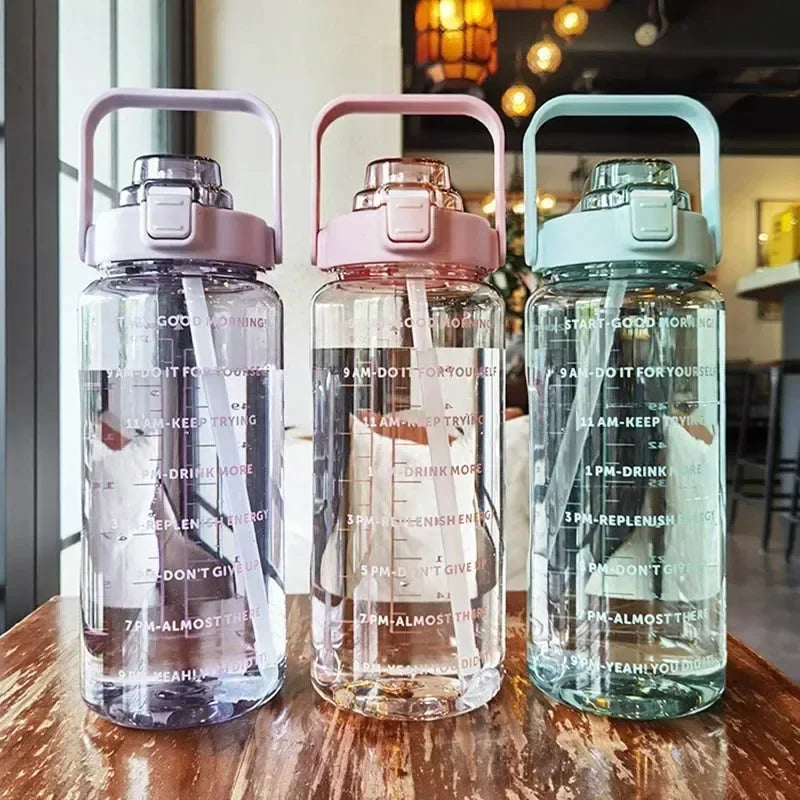 1pc Portable 2L Water Bottle Large Capacity Plastic Straw Water Cup Drink Bottle With Time Marker For Outdoor Sports Fitness