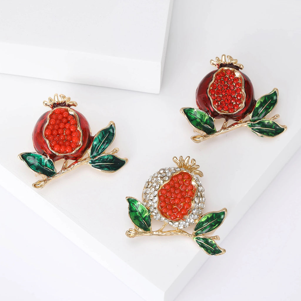 Beaut&Berry Enamel Pomegranate Brooches for Women Unisex 3-color Rhinestone fruits Party Casual Brooch Pin Gifts