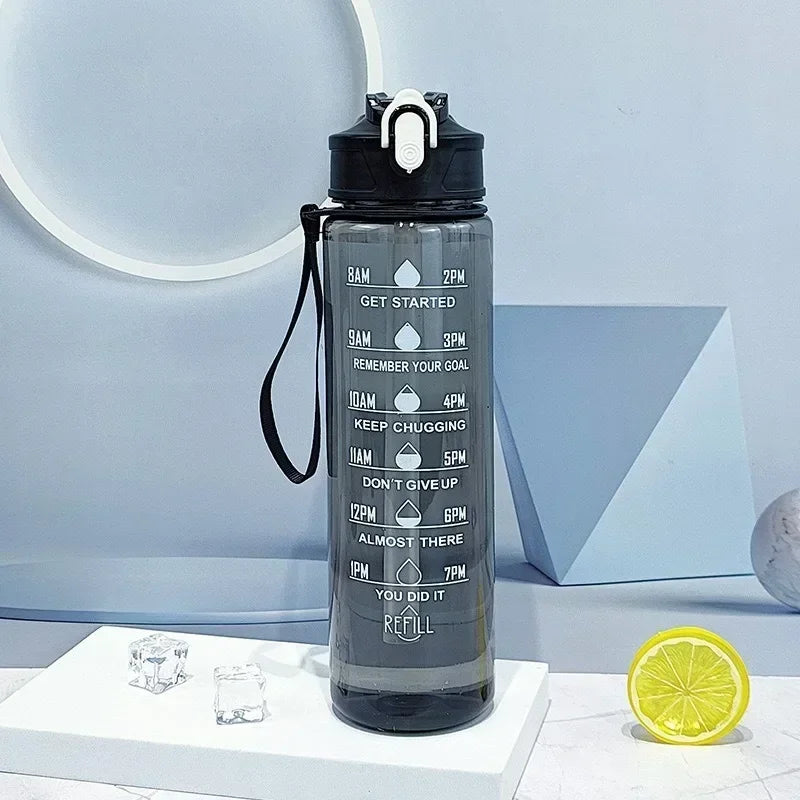 800ml/27oz Large Capacity Sports Water Bottle Leak Proof Plastic Drinking Cup With Time Scale Suitable For Travel Fitness Sports